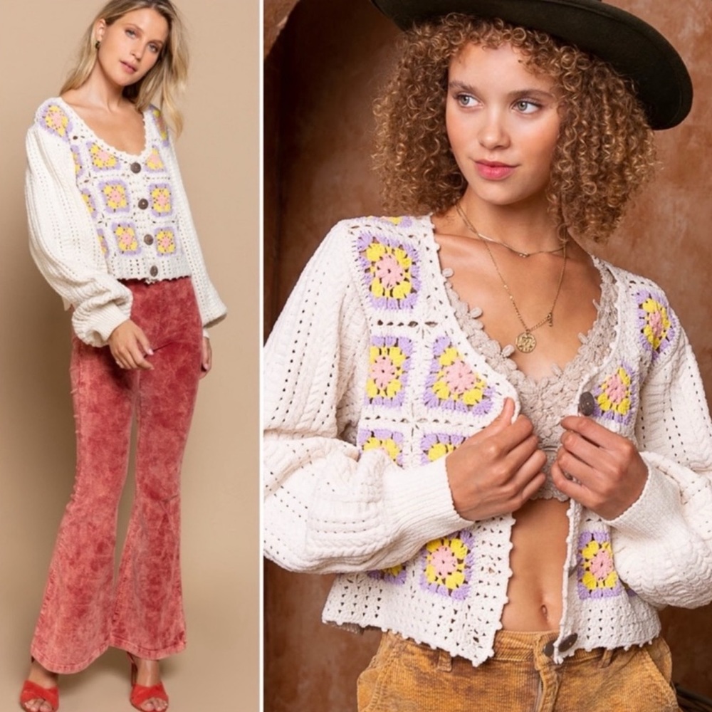 POL Cream and Yellow Crochet Granny Square Cardigan